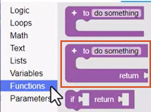 The Function Return block highlighted in the expanded Functions library.
