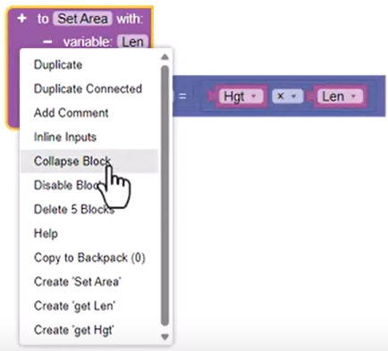 The right-click menu for the existing Function block, with Collapse Block selected.