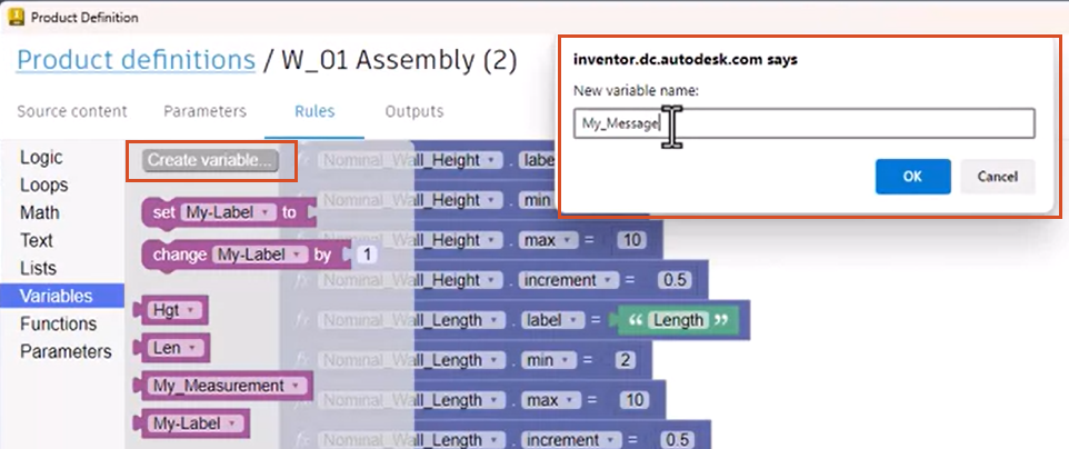 The expanded Variables library, with Create variable highlighted, and the popup dialog, with the name My_Message entered.
