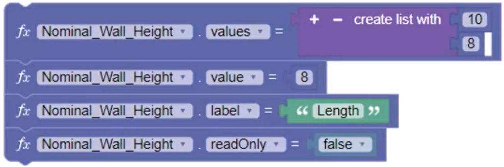 On the canvas, four examples of parameter blocks that require different data types based on the function selected.