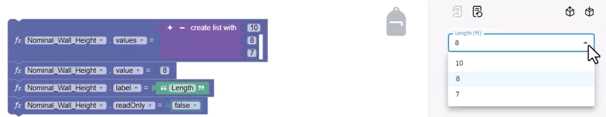 In the values block, a value of 7 added to the list, and in the form, the value shown in the expanded Length drop-down.