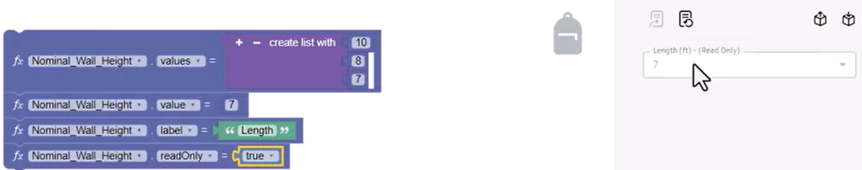 The True False block set to be true, and the form updated to show the parameter as read-only.