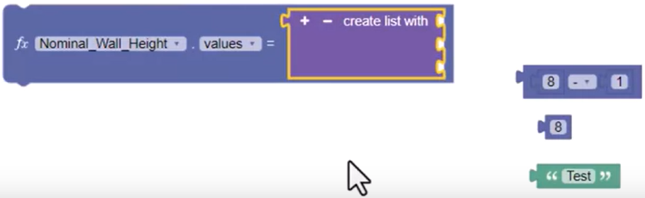 The Values parameter block with the accepted Create List With block, and below, the rejected data types.