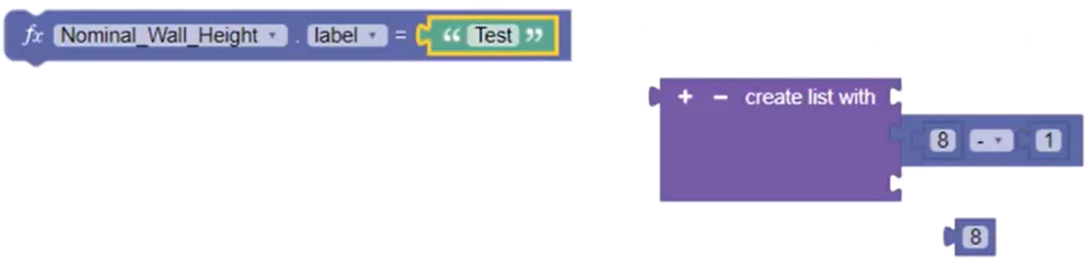 The Label parameter block with the accepted Text block, and below, the rejected Create List With and Number blocks.