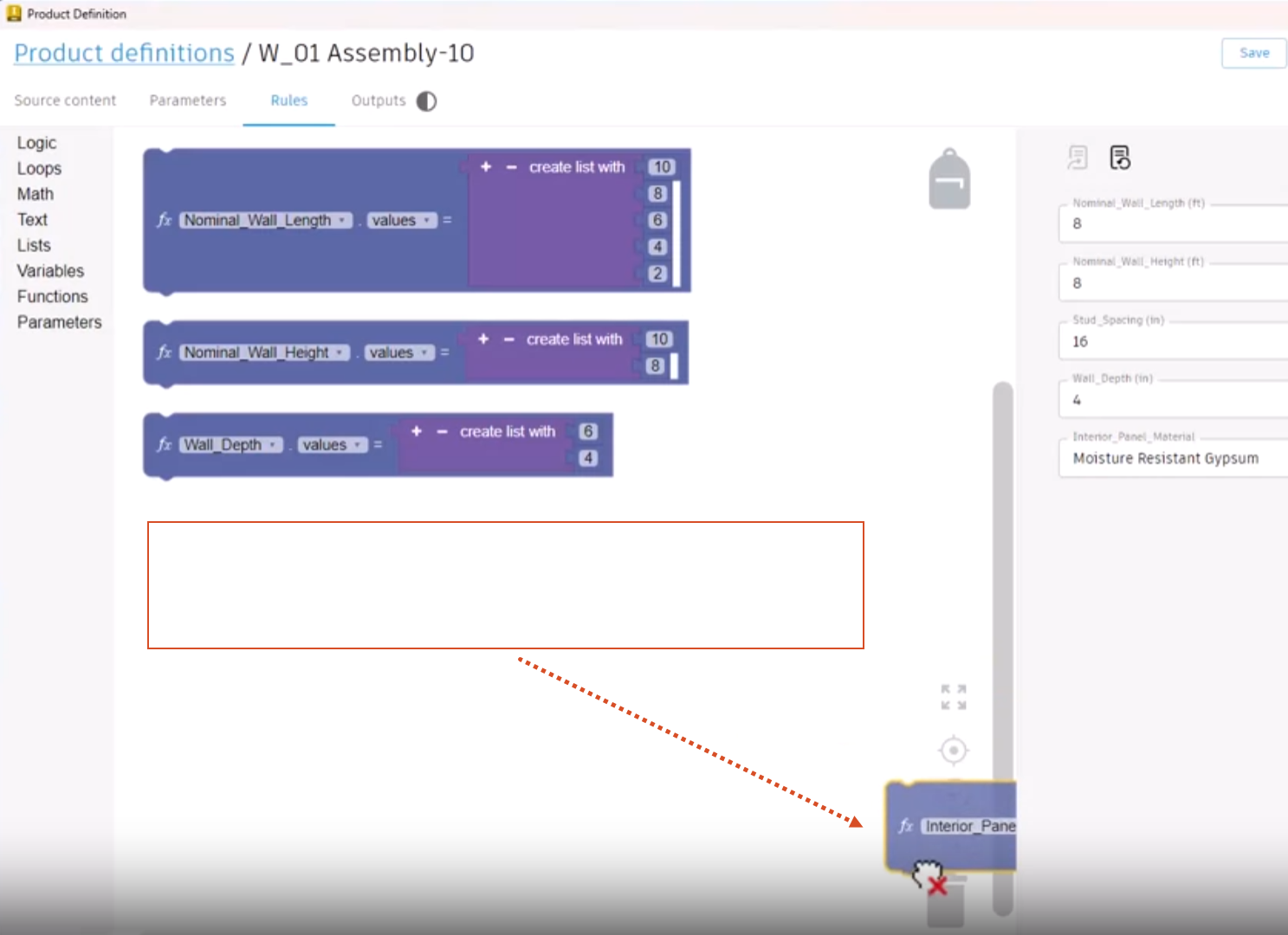 In the Informed Design interface, Rules tab, code blocks setting parameter values are on the canvas, and one of the blocks is being dropped in the waste receptacle.