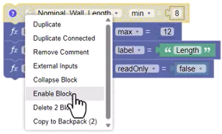 A code block with the first block disabled and shown in a light neutral color, and in the expanded context menu, Enable Block being selected.
