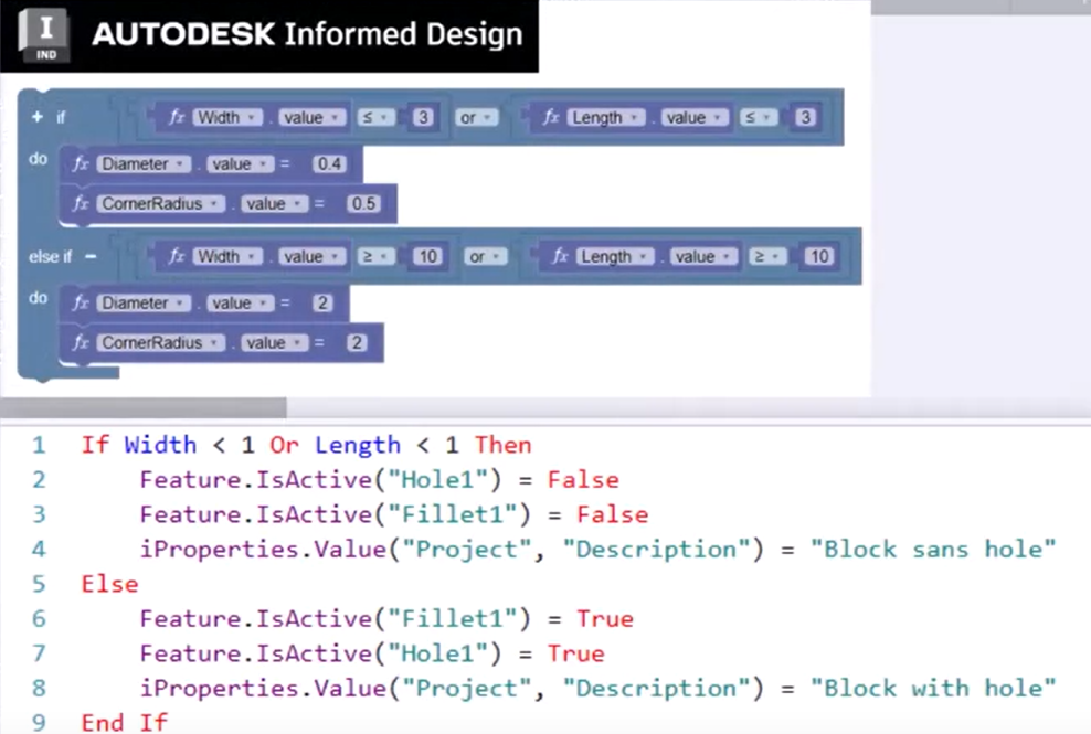 In a zoomed-in view of the separated input and model rules, the iLogic input rules replaced with an image of the corresponding Informed Design code blocks.