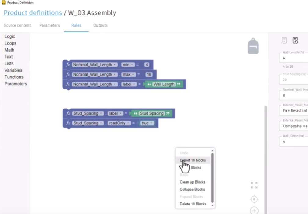 In the Informed Design interface, Rules tab, five lines of blocks with 2 blocks each in the canvas; and in the expanded context menu, Export 10 blocks being selected.