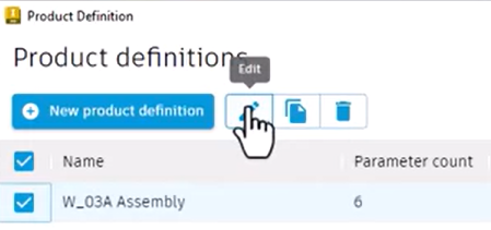 A Product Definition selected in the new project and Edit ready to click.