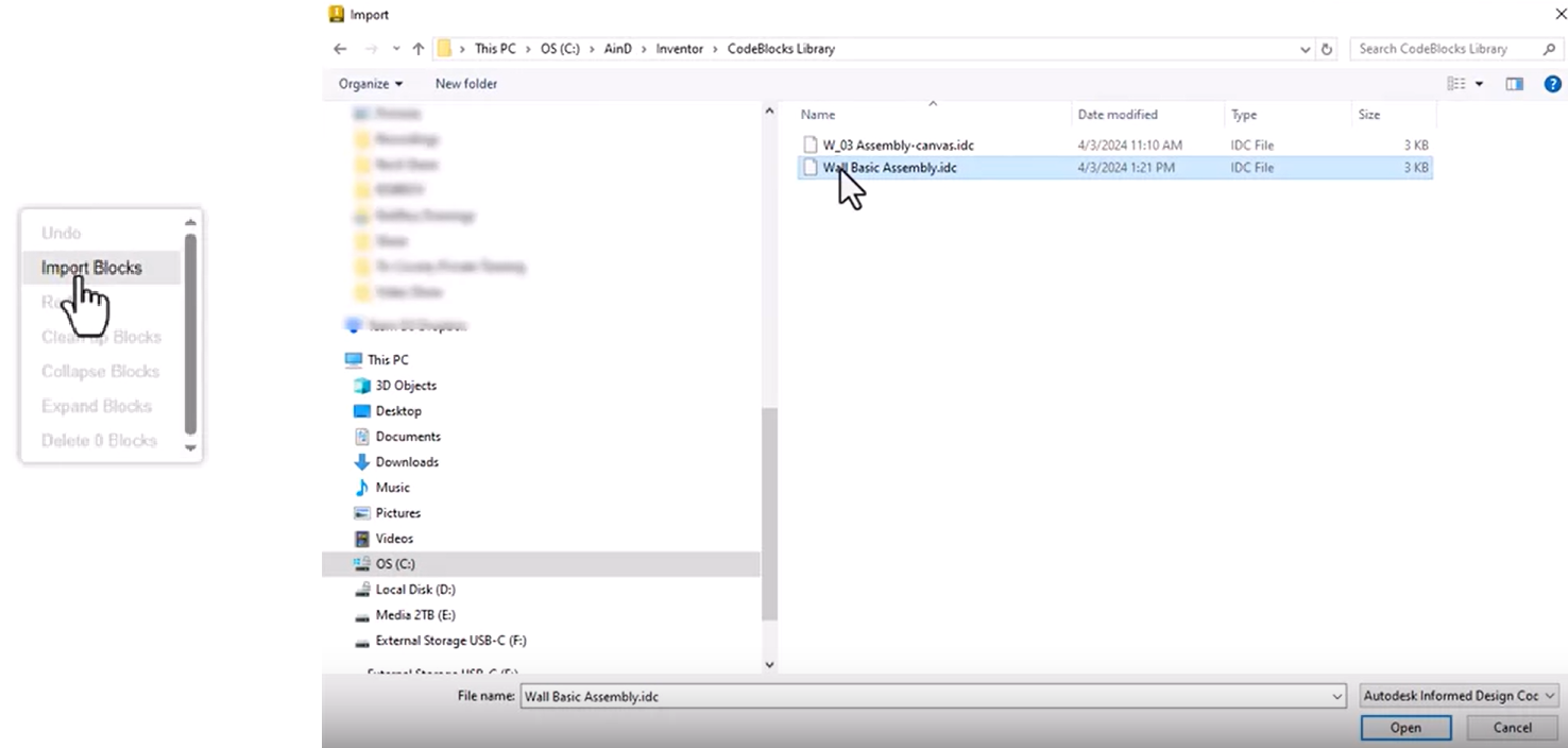 On the left, the canvas context menu expanded, with Import Blocks highlighted; and on the right, the Import dialog, with the exported file being selected for import.
