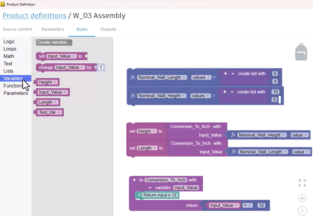 In the expanded Variables library, the blocks that are being exported, including a rule with a function, several named variables, and an unused variable called Test_Var.