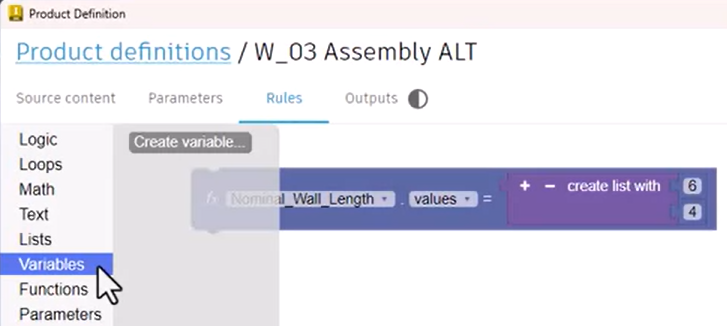 The Variables library expanded to show that there are no named variables in this product definition.