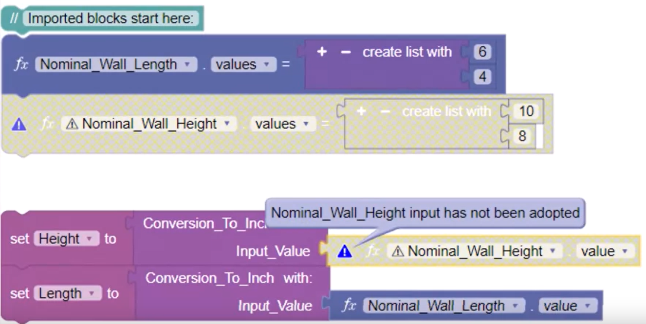 On the Nominal Wall Height block, a message icon and the displayed message indicating that the Nominal Wall Height input has not been adopted.