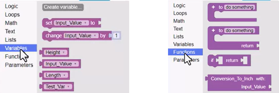 In two side-by-side images, the Variables library and the Functions library expanded to show the imported variables and functions.