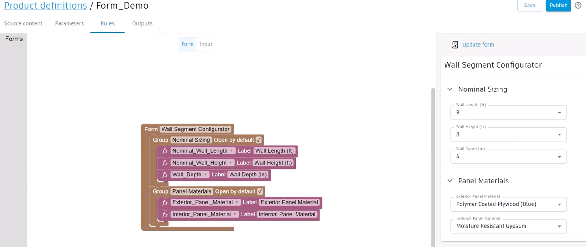In the Informed Design interface, Rules tab, Form code blocks environment, a Form block that includes two Groups created in the canvas; and in the form, the corresponding groups of input fields.