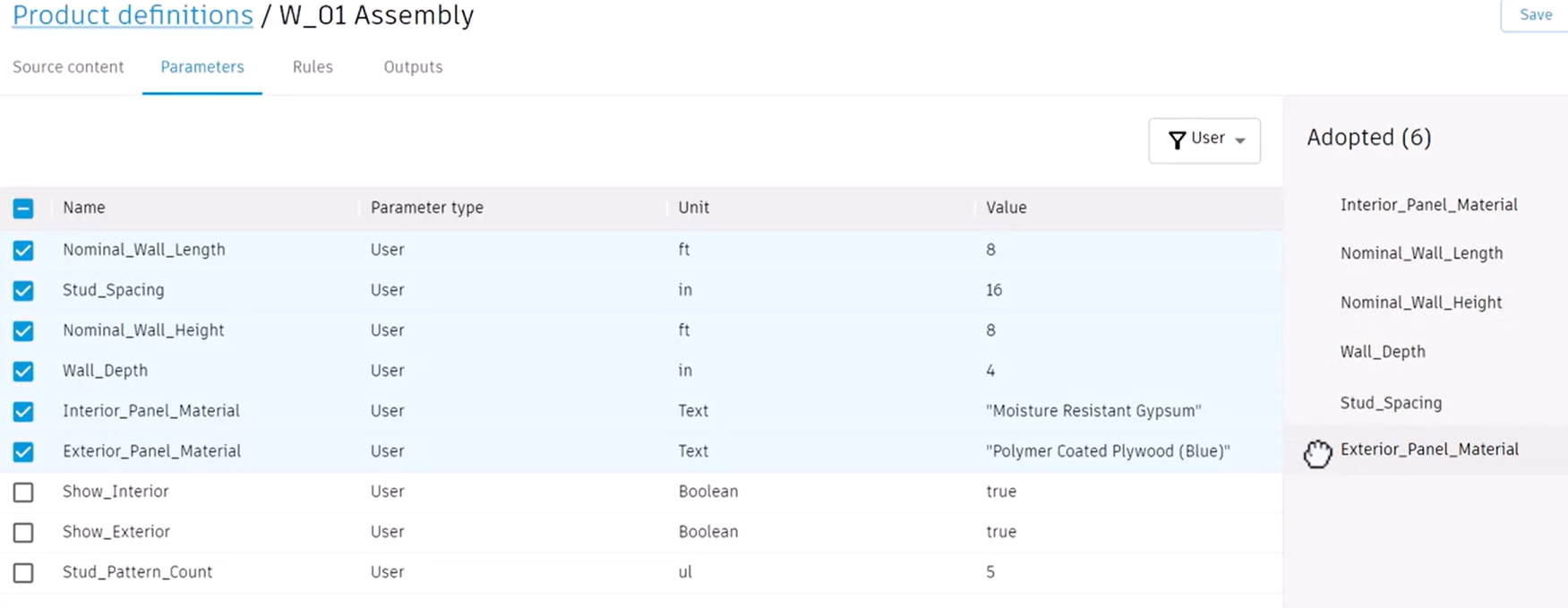 The Parameters tab with the parameters selected on the left and the Adopted Parameter order shown on the right.
