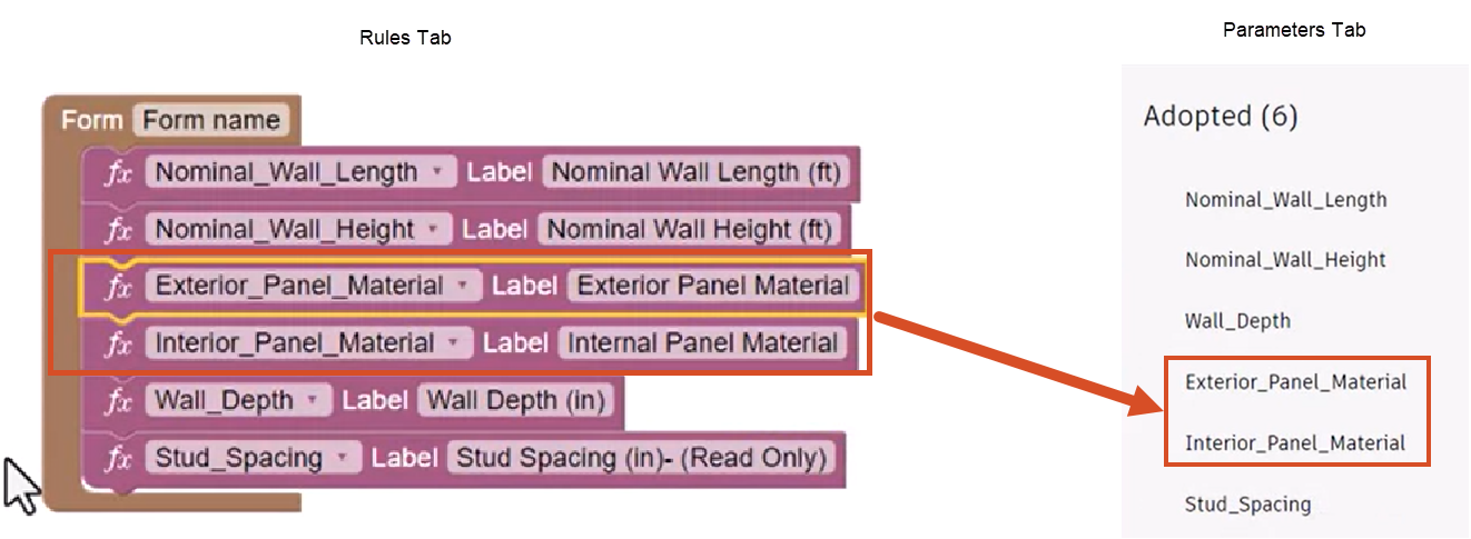 On the left, the Form block with the Exterior Panel Material and Interior Panel Material parameters re-ordered, and on the right, the unchanged Adopted order on the Parameters tab.