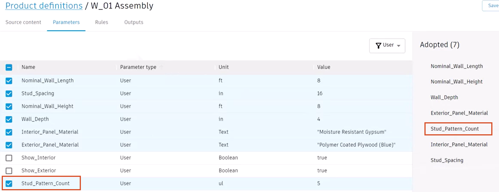 On the Parameters tab, the Stud_Pattern_Count parameter selected in the list and moved beneath the Exterior Panel Material in the Adopted order.