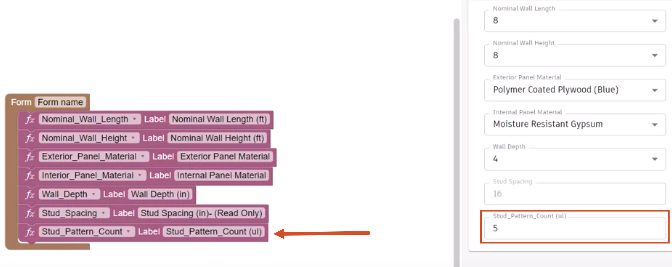 On the Rules tab, the Stud Pattern Count parameter added to the bottom of the Form block and to the Form.