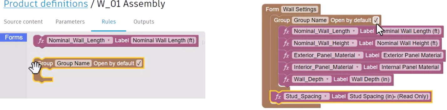 On the left, the Forms library expanded to show the Group block on the right, the Group block added to the Form block, with all parameters except Stud Spacing added to the group.