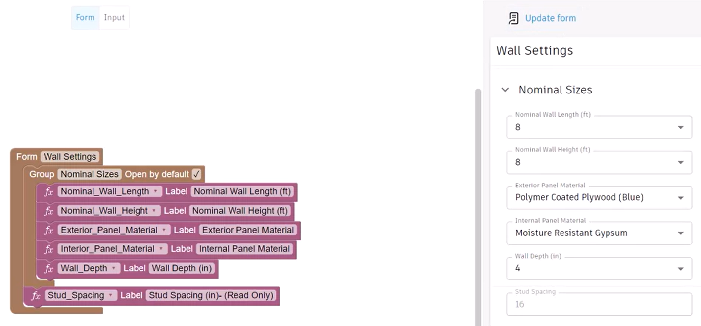 In the canvas, the Group renamed to Nominal Sizes; and in the updated form, the added Nominal Sizes group, expanded by default and with a line separating the included parameters from Stud Spacing.