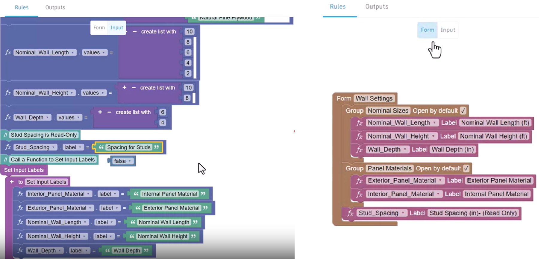 On the left, the Input rules with the updated label text, and on the right, the Form rules, with the label unchanged.