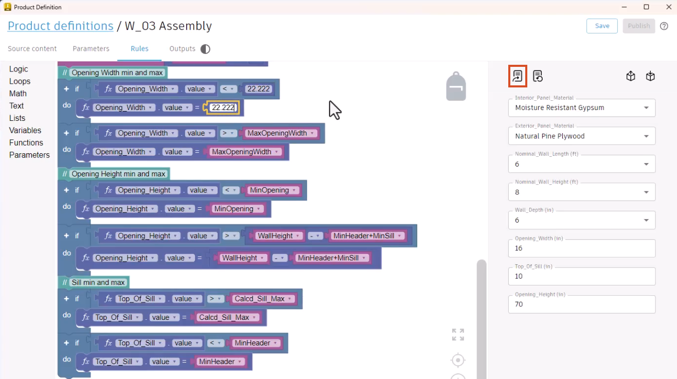 In an Informed Design product definition, on the Rules tab, code blocks set up to define parameters in the canvas; and in the form, the Update form button highlighted.