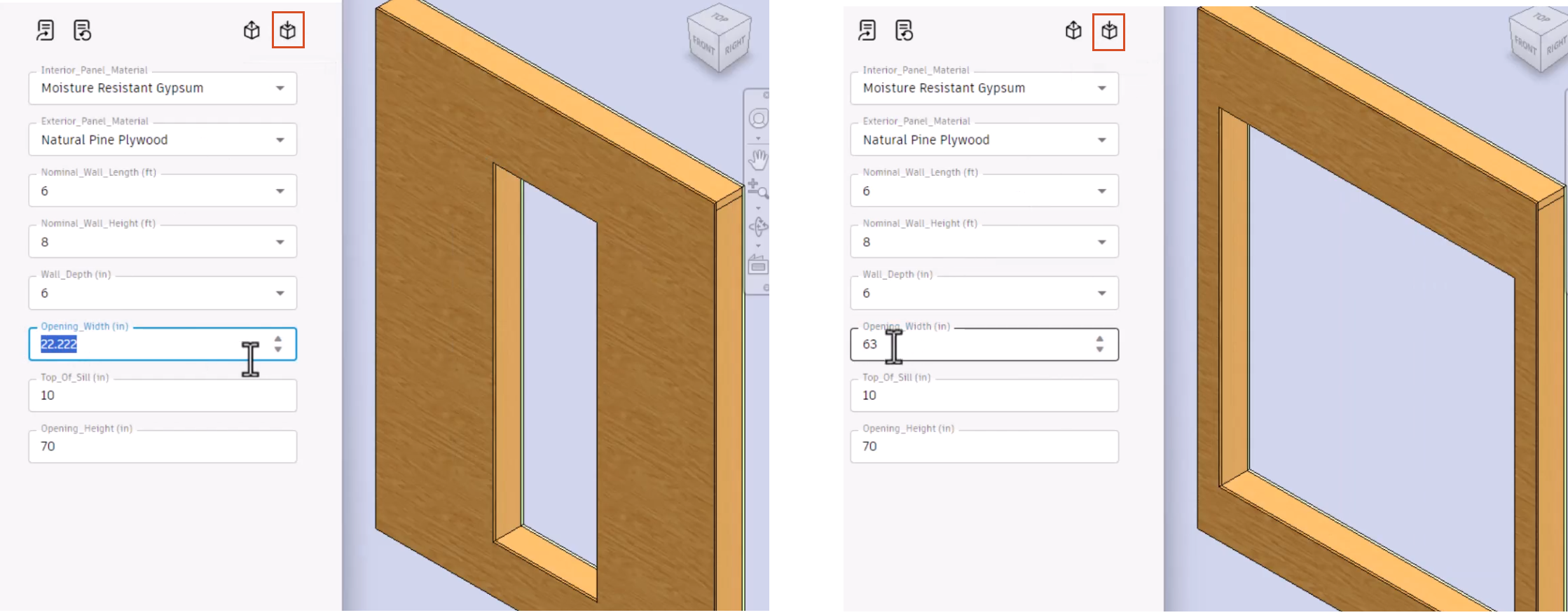 Two side-by-side images, each showing the form and corresponding Inventor model. Two different values are entered for the Opening Width, Set model values is highlighted, and the difference in opening width is reflected in the model.