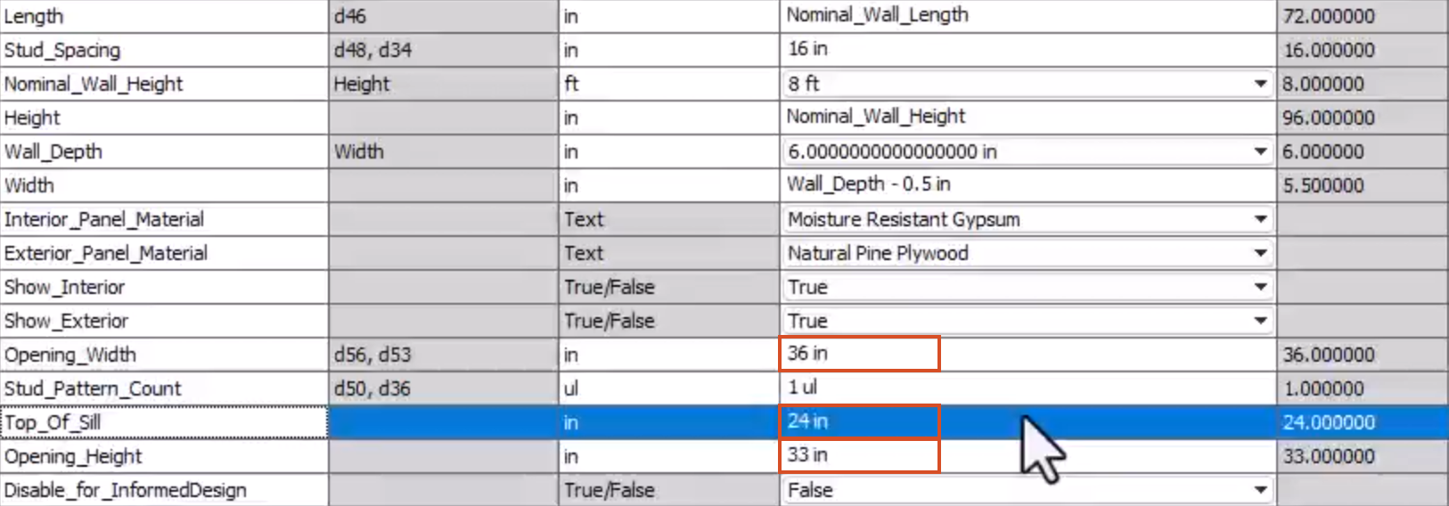 The Inventor model parameters, with the updated values highlighted in red.