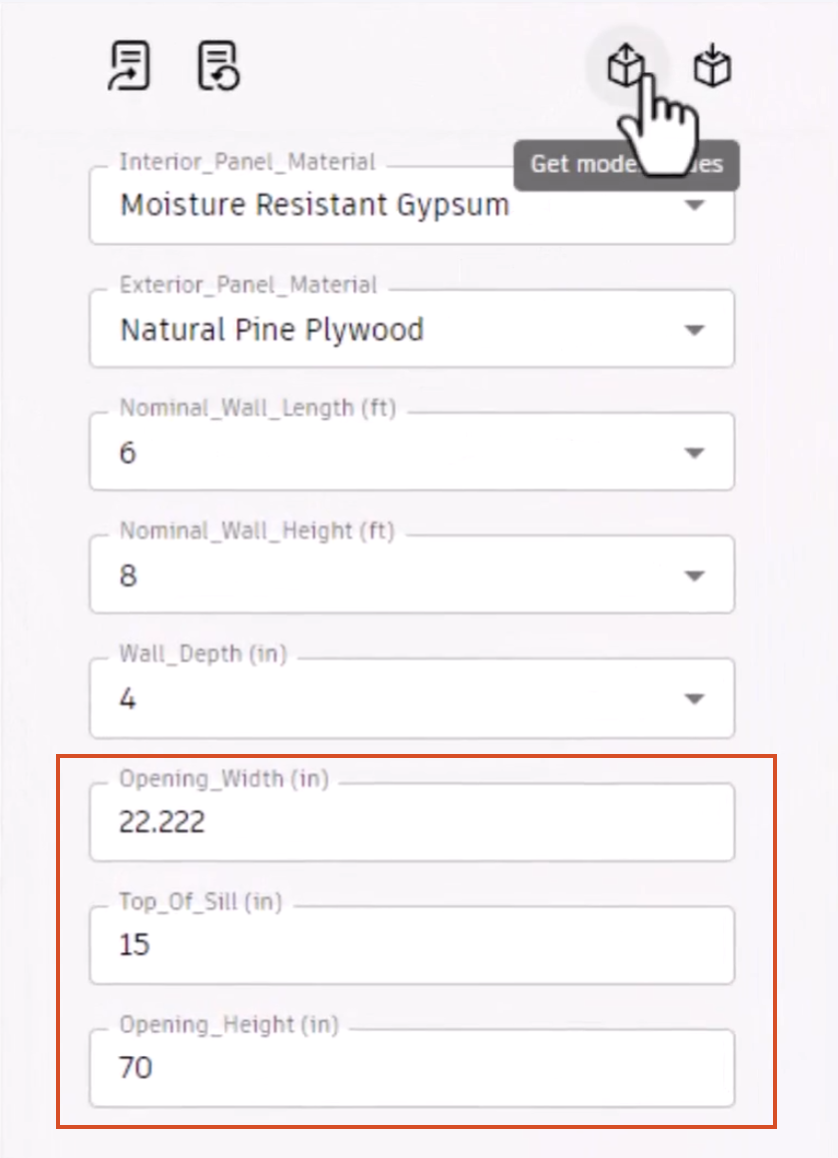 In the form, the out-of-sync product definition values highlighted, with Get model values being selected.