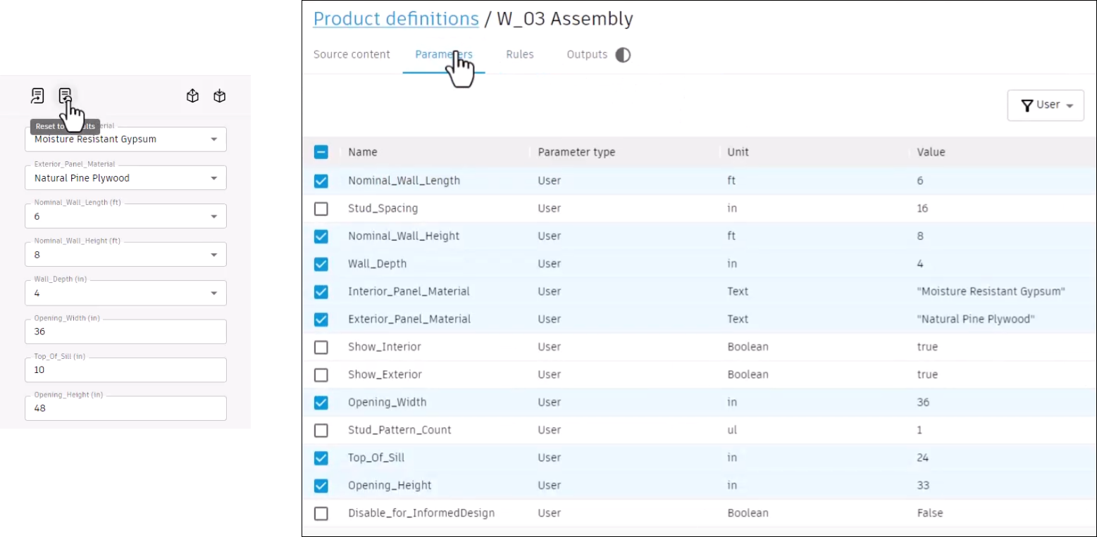 On the left, the form with Reset to defaults being selected, and on the right, the Parameters tab being selected to show the default values.