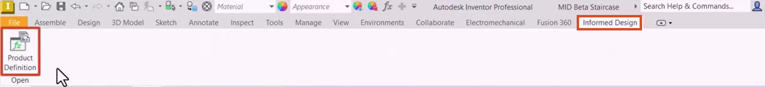 The Inventor ribbon, Informed Design tab, with the tab name and the Product Definition tool highlighted.