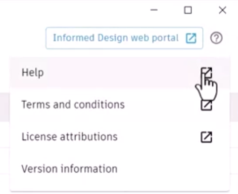 In a zoomed in view of the Product Definition dialog box, the Informed Design web portal link and the expanded Help menu, with Help being selected.