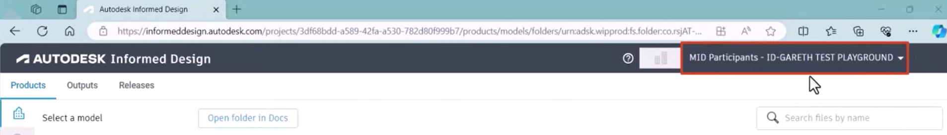 In the Informed Design web app, the project selector in the header highlighted.