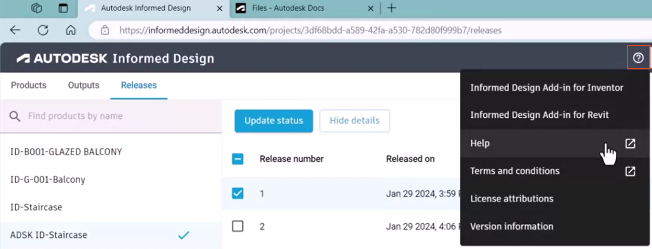 In the web app, the Help drop-down expanded to show the available options, with Help being selected.