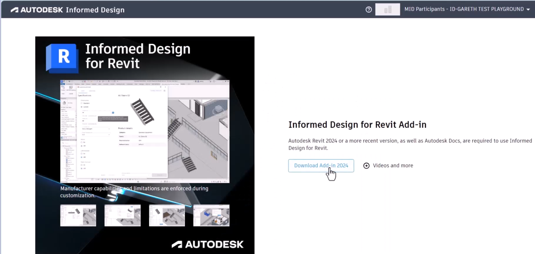 The Informed Design Add-in for Revit download page, with Download Add-in being selected for the latest version.
