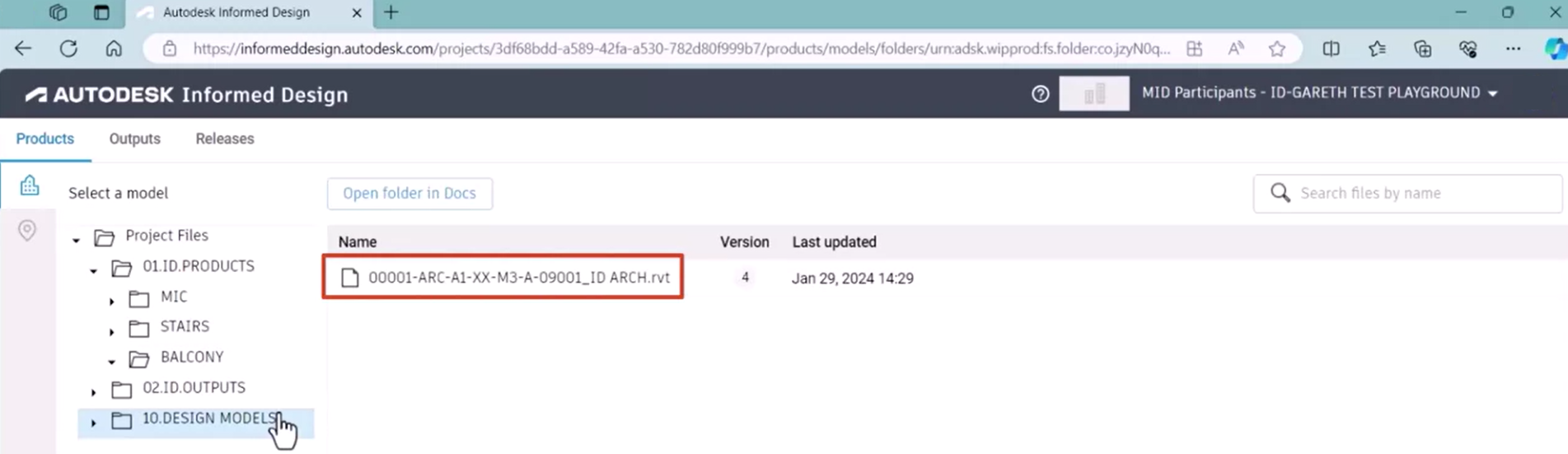 In the Informed Design web app, Products tab, the product definition folder structure from Inventor, with the Design Models folder selected, and the available Revit file highlighted.