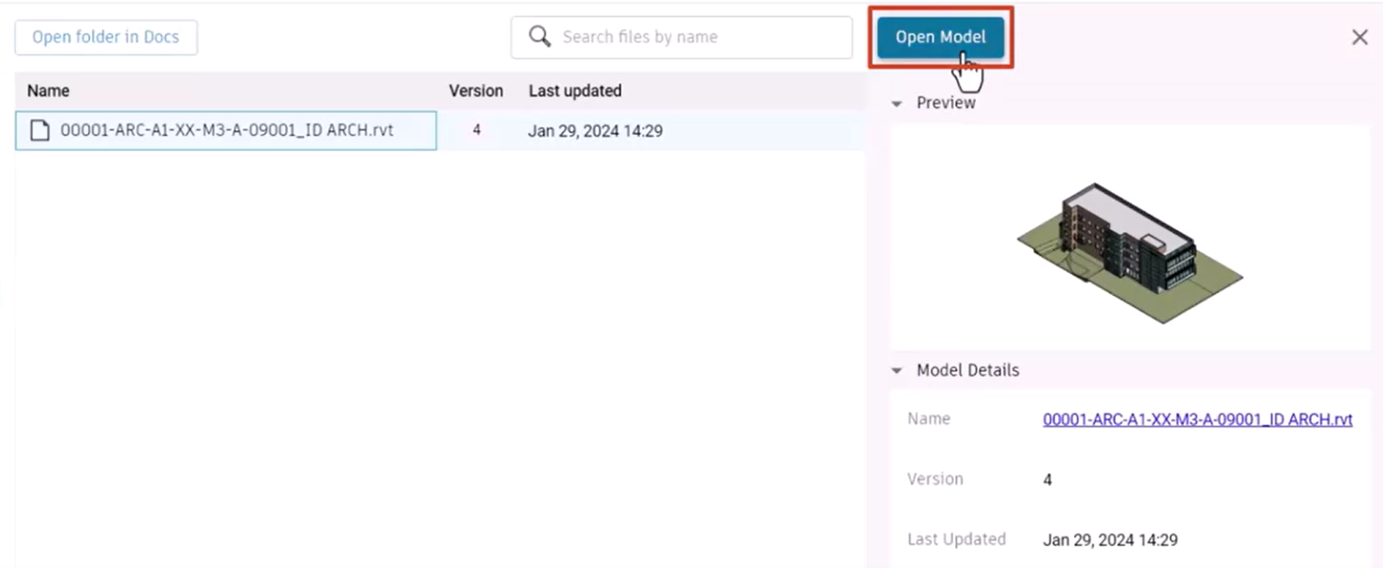 On the Products tab of the web app, the design model selected to show the thumbnail preview and details, with Open Model highlighted and being selected.
