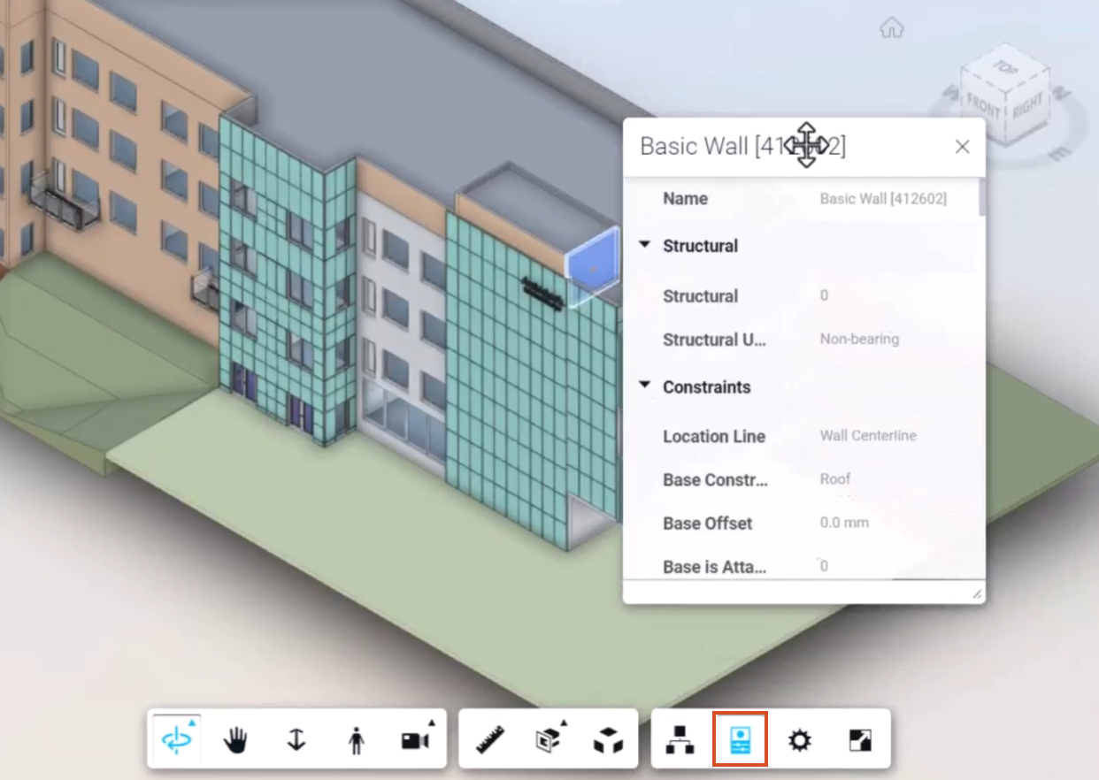 The design model opened in the Informed Design web app, with a wall selected, the Properties tool highlighted, and the Basic Wall property data displayed.