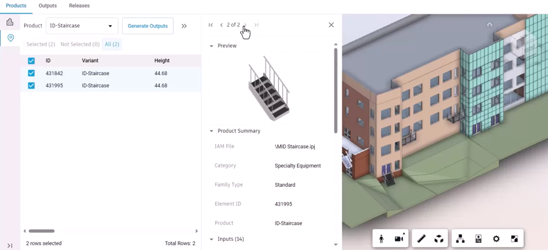 The two staircase variants selected, and the thumbnail and product summary shown for the second variant. This variant is also highlighted in the view.