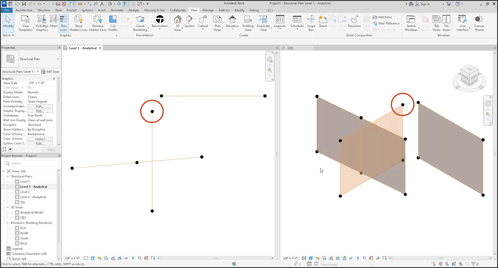 The Revit user interface, with panels selected in the right pane of the drawing window in a 3D isometric view, and the corresponding analytical panels in the left pane as a top view. A corresponding selected node is circled in red in both.