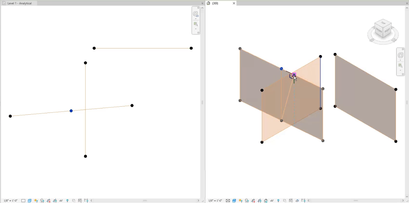 The Revit drawing window, with the nodes of panels being clicked and dragged, and the corresponding node highlighted in blue in the left, top view panel.