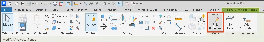 The Revit ribbon, with the Modify | Analytical Panels contextual tab active and Edit Boundary highlighted for selection.