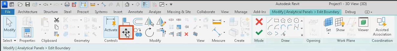 The Revit ribbon, with the Modify | Analytical Panels > Edit Boundary contextual tab active and Move selected.