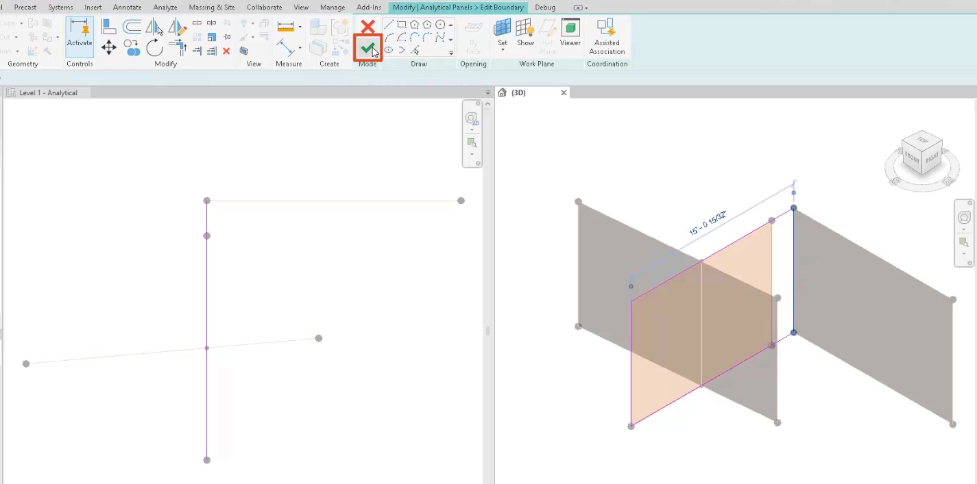 Part of the Revit ribbon, with the Modify | Analytical Panels > Edit Boundary contextual tab active and Finish being selected after editing the panel, as shown in the drawing view windows.