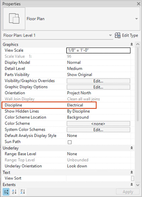 In the Properties palette, the Discipline set to Electrical and highlighted in red.