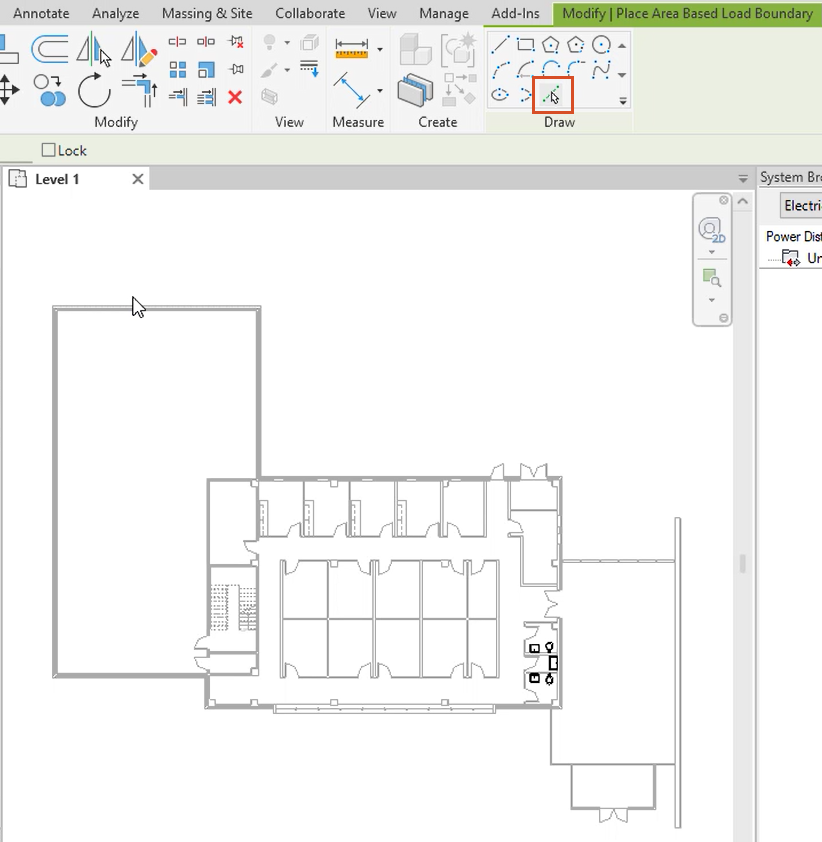 On the Modify | Place Area Based Load Boundary contextual tab, Draw panel, the Pick Line tool highlighted in red, and in the drawing area, the Level 1 floor plan for this example.