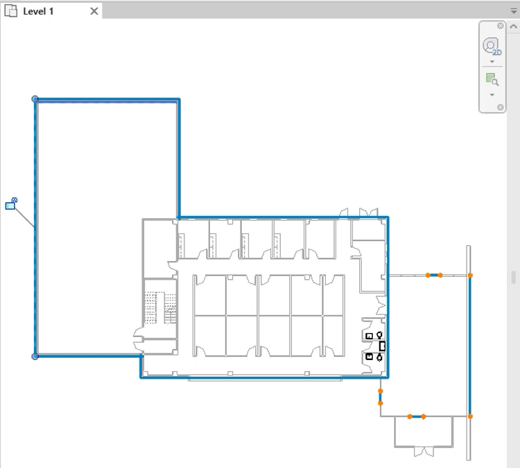 In the drawing area, the Level 1 floor plan with selected boundary lines highlighted in blue, including unconnected segments along a curtain wall.