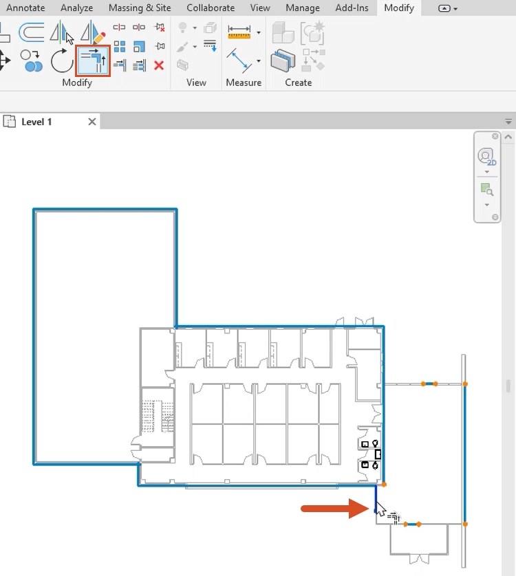 In the ribbon, Modify tab, Modify panel, Trim/Extend to Corner selected; and in the drawing, the unconnected element being selected called out with a red arrow.