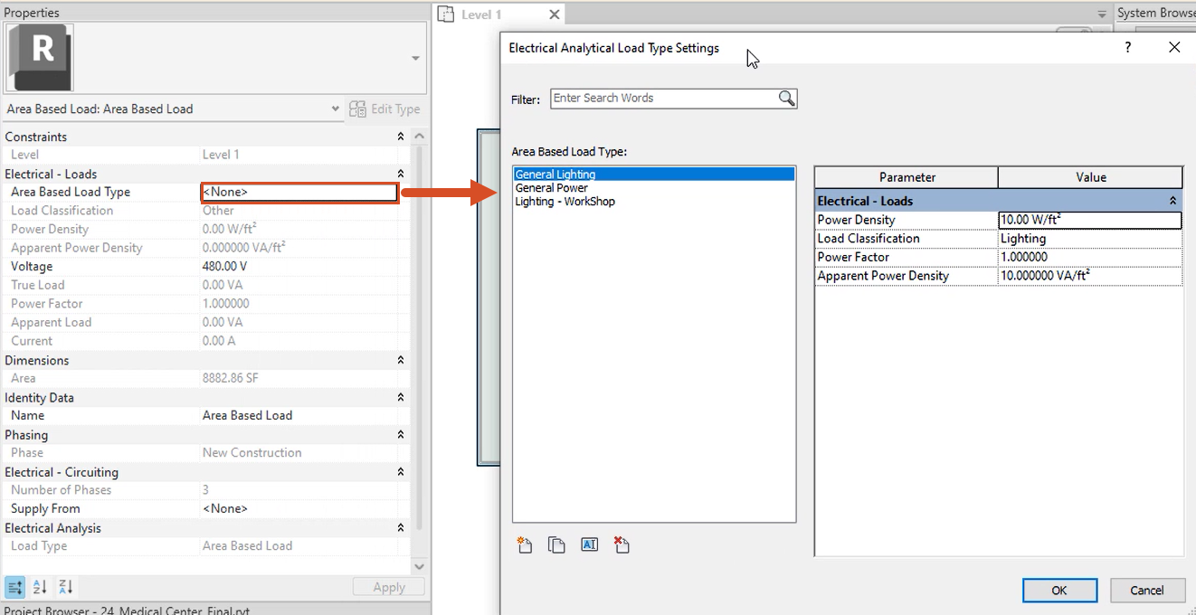 In the Properties palette, Electrical – Loads group, Area Based Load Type is selected, and a red arrow connects it to the open Electrical Analytical Load Type Settings dialog box, where General Lighting is selected.